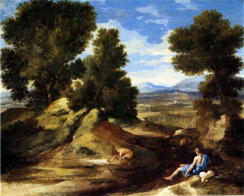 Nicolas Poussin Landscape with a Man Drinking or Landscape with a Man scooping Water from a Stream oil painting picture